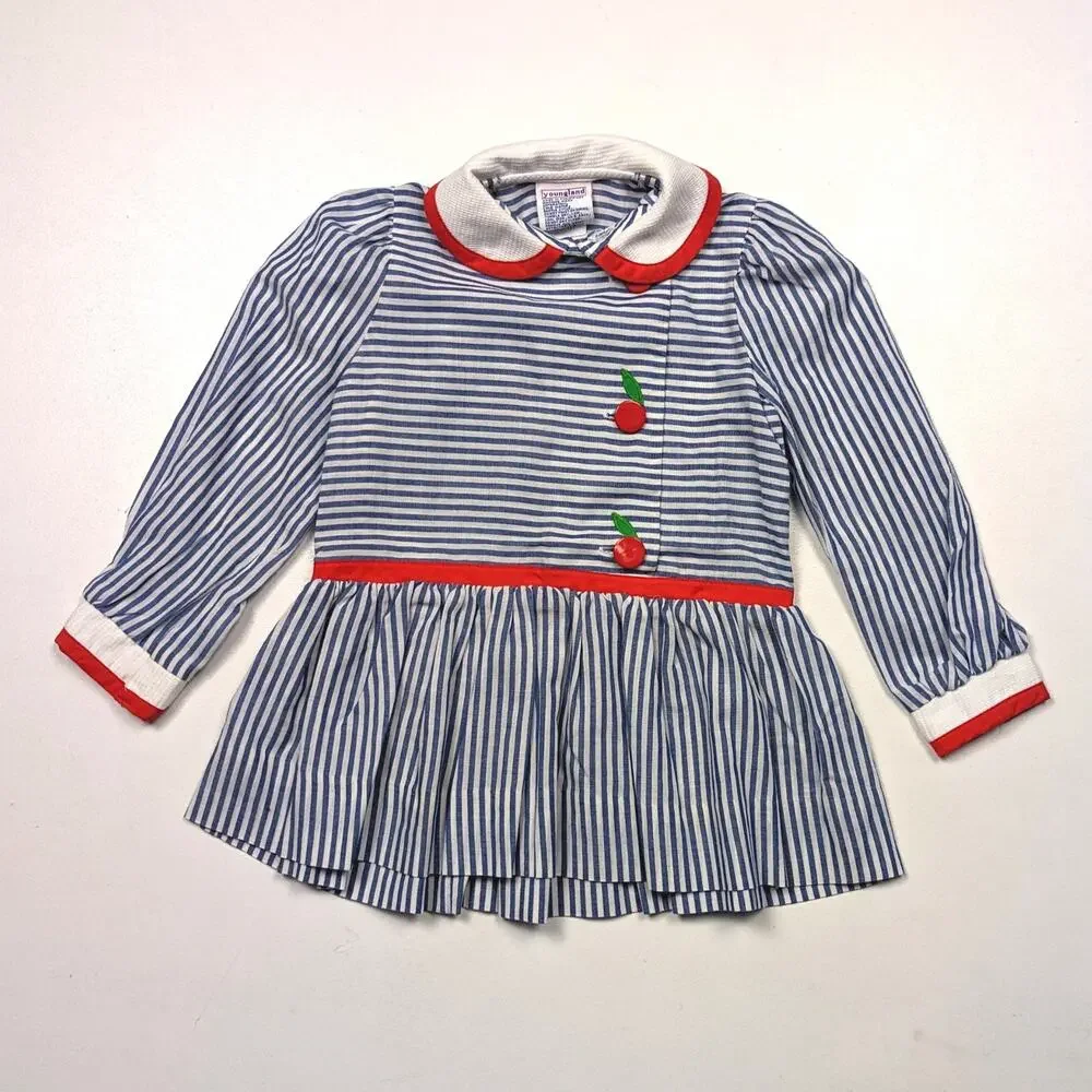 Vintage Youngland Dress Girls Size 18m Stripe Dress Cherry Drop Waist
